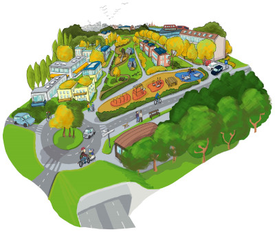 Comicartige Illustration eines Stadtgebiets mit Häusern, Parkanlagen, Straßen, Autos und Fußgänger*innen