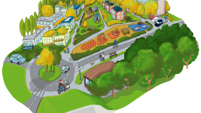 Comicartige Illustration eines Stadtgebiets mit Häusern, Parkanlagen, Straßen, Autos und Fußgänger*innen