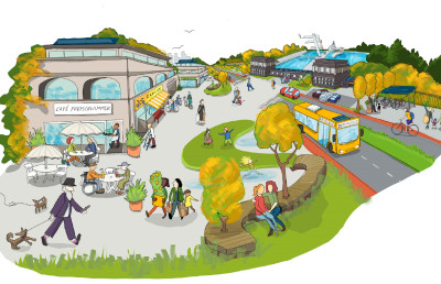 Comicartige Illustration des Eingangsbereiches eines Freibades, 