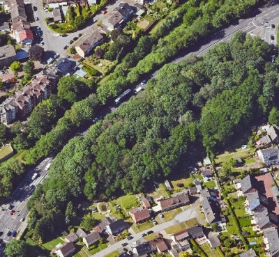 Luftbild eines Stadtgebiets mit einem großen grünen Baumareal in der Mitte