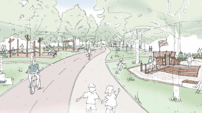 Skizzenartige Farbillustration, eine verkehrsberuhigte Straße innerhalb einer Parkanlage. Spielene Kinder, Menschen, Fahrradfahrende, viele Bäume und Grünflächen sind zu sehen.