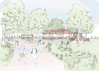 Skizzenartige Farbillustration einer Parkanlage mit vielen Bäumen und Grünflächen, spielende Kinder, Spatzierende mit und ohne Hund, Picknickende sowie ein offener Pavillon mit der Aufschrift „Gladbeck” sind abgebildet