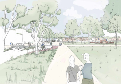 Skizzenartige Farbillustration einer Straße und parkähnlicher Gehwege, eine fußgängerfreundliche Umgebung mit Wiesen, Bäumen, Fahrradwegen, Zebrastreifen und ein Spielplatz. Fußgänger, spielende Kinder, ein Auto und ein Fahrrad sind abgebildet.